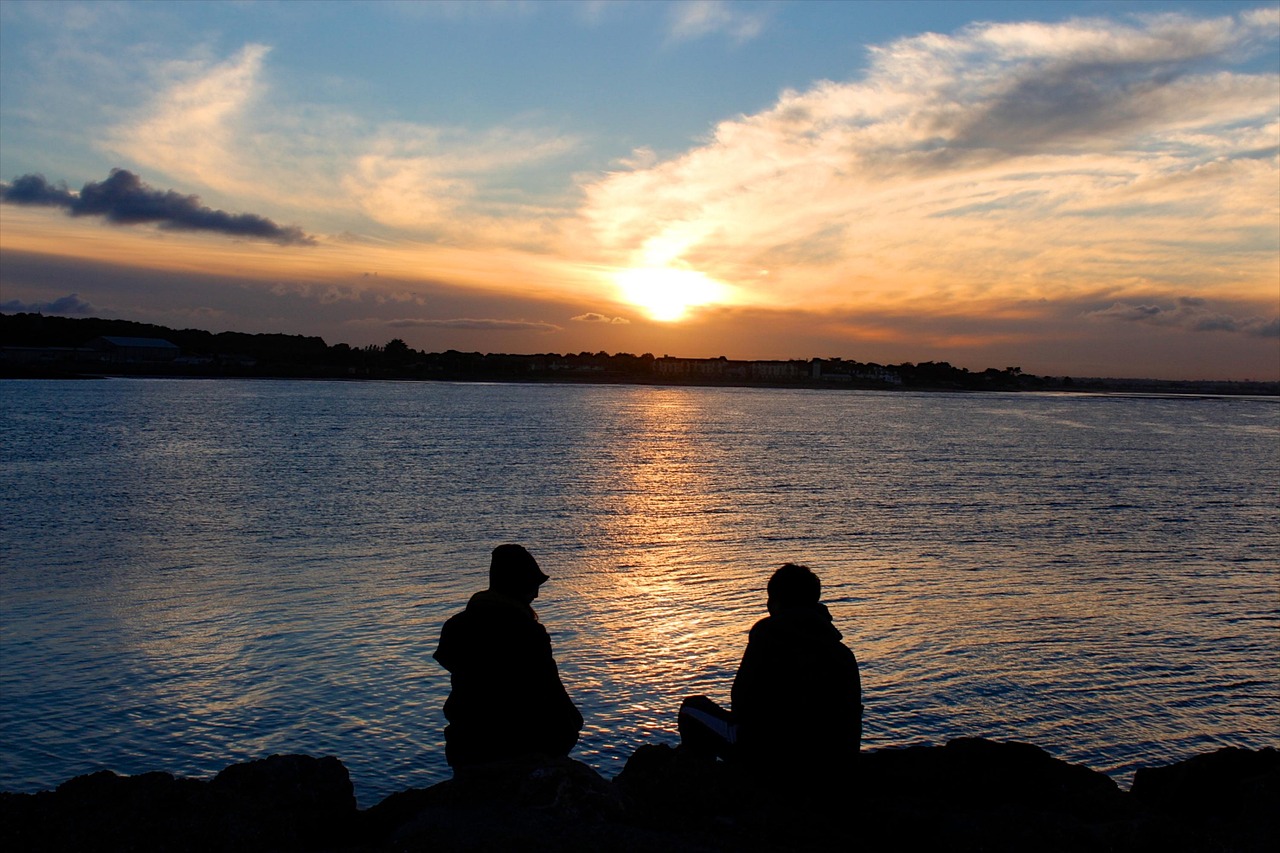 couple, sunset, sea, lake, ocean, quiet, calm, beach, people, two, romantic, outdoor, silhouette, leisure, together, shadow, sky, clouds, nature, dusk